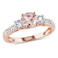 10-karatni Ženski zaručnički prsten od ružičastog zlata od 3 kamena ukrašen bijelim safirom i dijamantom od 1 karata od 1 karata