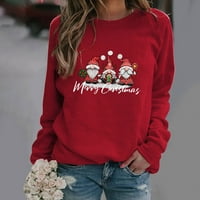 Ženska majica s dugim rukavima s okruglim vratom, povremeni džemper srednje duljine s božićnim printom, boja vina