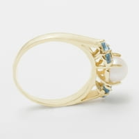 Ženski prsten od žutog zlata od 10 karata s kultiviranim biserima i plavim topazom britanske proizvodnje - opcije veličine-veličina