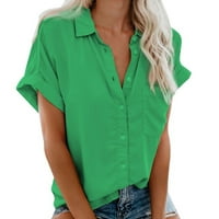 Ženska košulja s izrezom u obliku slova U i ovratnikom na kopčanje, jednobojne košulje kratkih rukava, džepni vrhovi, Zelena u obliku