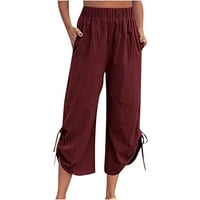 Lanene hlače za žene, ljetne jednobojne pamučne lanene široke hlače s džepom na vezanje, ošišane hlače s džepovima, hlače
