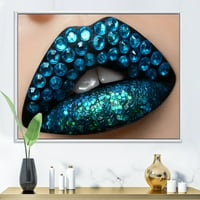 DesignArt 'Žene usne s crnim ruž za usne plavi dijamanti' Moderno uokvirena platna zidna umjetnička tiska