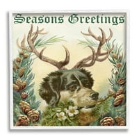 Stupell Industries Seasons pozdravi pas koji nose rogove botaničke granice grafička umjetnost bijela uokvirena umjetnička print zidna