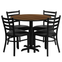 36-inčni okrugli stol od laminata od oraha s bazom u obliku slova H i ljestvama s naslonom metalne stolice-crno vinilno sjedalo