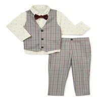 Pametni set odjeće za starije dječake i djevojčice, košulja na kopčanje, prsluk, leptir mašna i hlače, 4 komada, 0-3M-5T