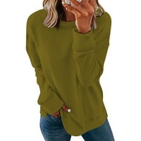 Dukserice za žene jesenska Moda ležerni pulover s okruglim vratom s dugim rukavima jednobojne tanke bluze sa bočnim prorezom tamnozelene