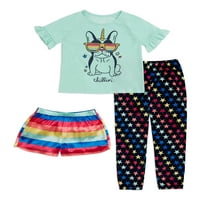 Gornji dio kratkih rukava za djevojčice, Kratke hlače za trčanje i spavanje, set pidžame od 3 komada, veličine 4 i plus