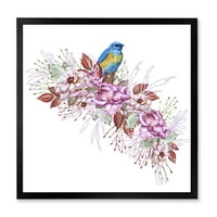 DesignArt 'mala plava ptica koja sjedi na šarenom Boquet of cvijeće' tradicionalno uokvireni umjetnički tisak