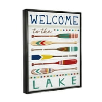 Znak dobrodošlice na jezeru Stupell Industries, prugasta vesla, grafika, jet crno platno s plutajućim okvirom, zidni tisak, dizajn