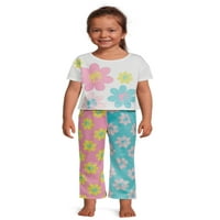 Pidžama Set za spavanje s dugim lepršavim hlačama i kratkim rukavima u cvijetu za djevojčice od 2 komada, veličine od 2 do 5 godina