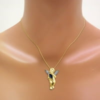 Ogrlica s privjeskom Sretni anđeo čuvar kerubin s dijamantima i safirima od žutog zlata od 14 karata i lancem od 18 inča