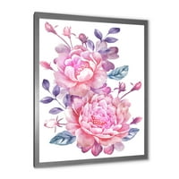 Dizajnerska umjetnost ružičasti Retro cvjetovi s plavim lišćem na bijeloj pozadini uokvireni tradicionalni umjetnički tisak